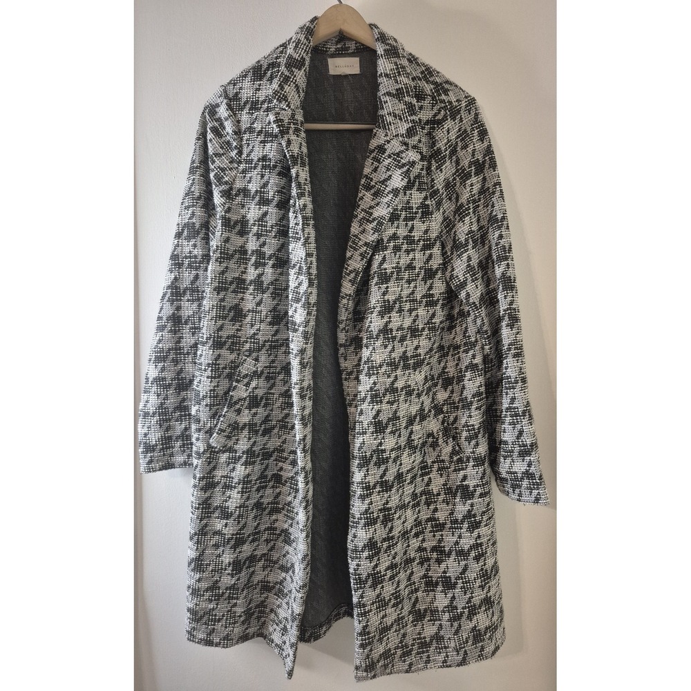 Women's L Tweed Houndstooth Longline Blazer Coatigan Dark Academia Quiet Luxury - Picture 2 of 8